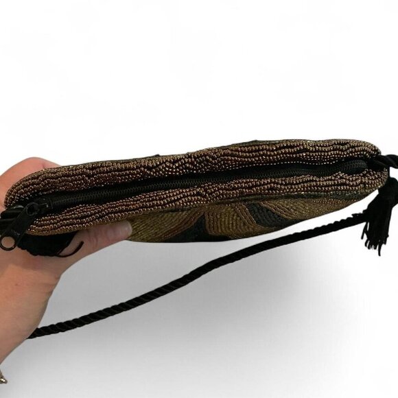 Vintage Black Gold Bronze Beaded Art Deco Purse Evening Bag - Picture 4 of 4